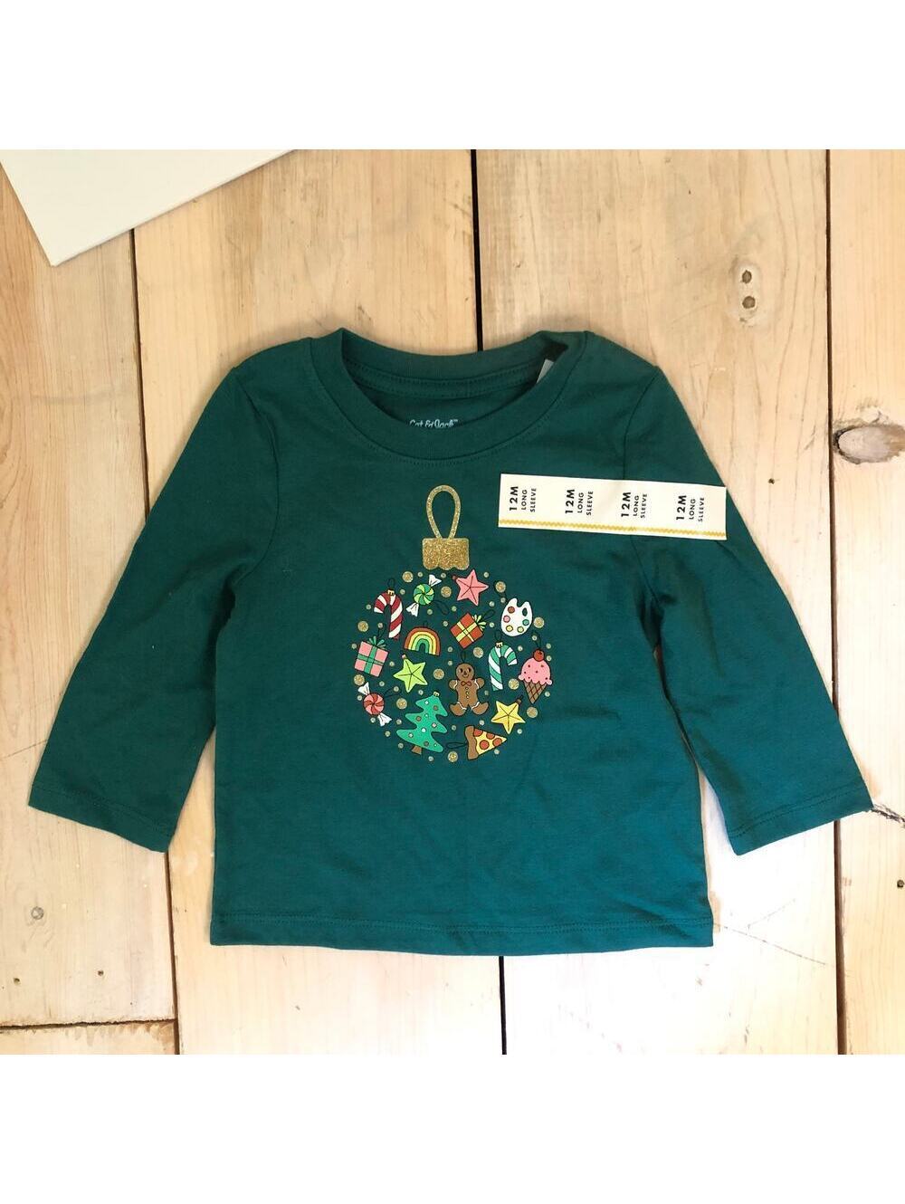 Cat & Jack NWT Toddler Girl's Green Christmas Ornament Tee Long Sleeve 12M